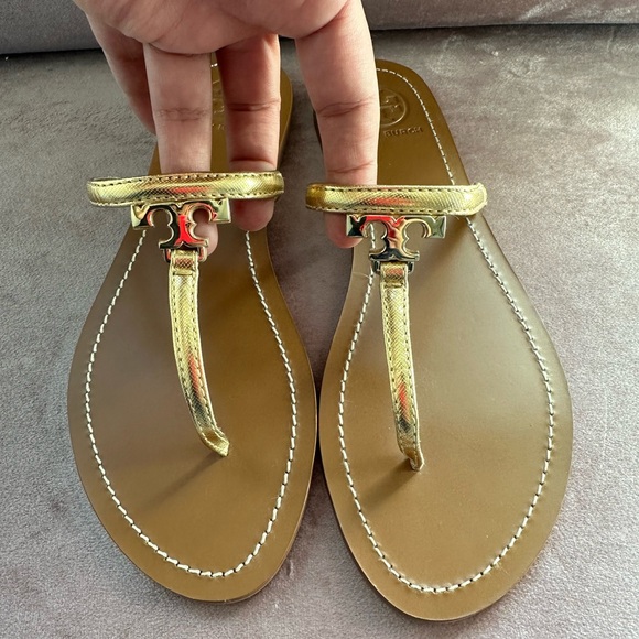 Tory Burch Shoes - Tory Burch Leather Gold Logo Sandals